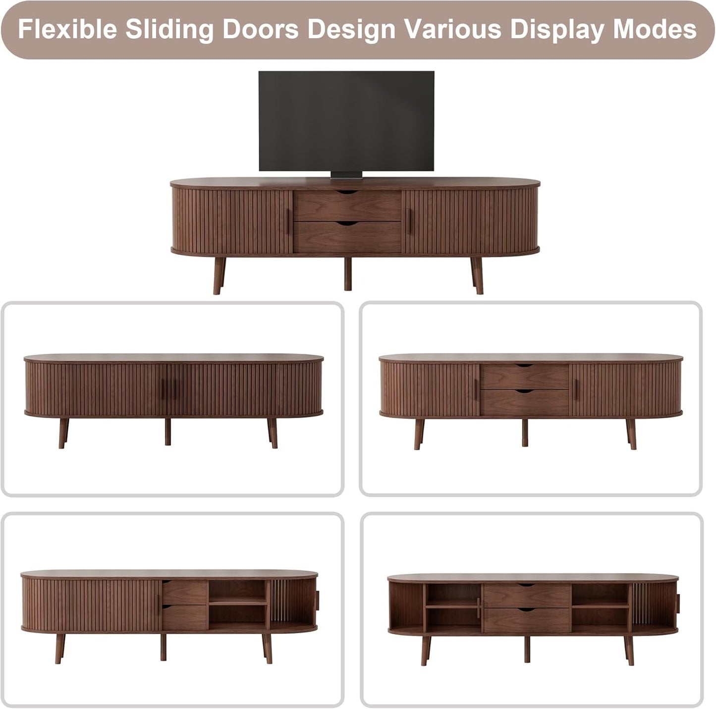 55" Mid Century TV Stand, Fluted TV Stand Fits 32" to 60" TVs. Wood Entertainment Center for Living Room, Farmhouse Modern TV and Media Console Table with Storage, Curved Edge and Sliding Door, Walnut