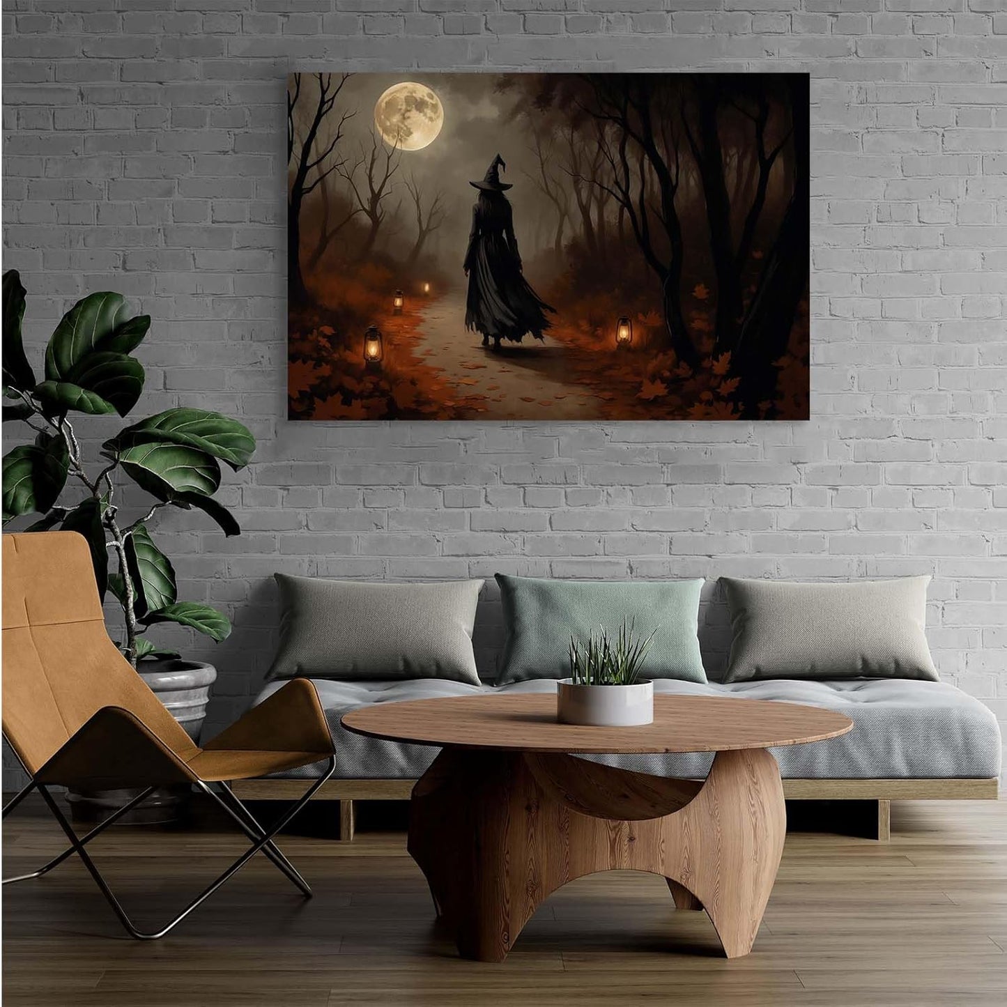 JFHCQJPK Moonlight witch poster dim lantern Halloween decoration Gothic style dark retro college style canvas wall art suitable for living room bedroom16x24in Frameless