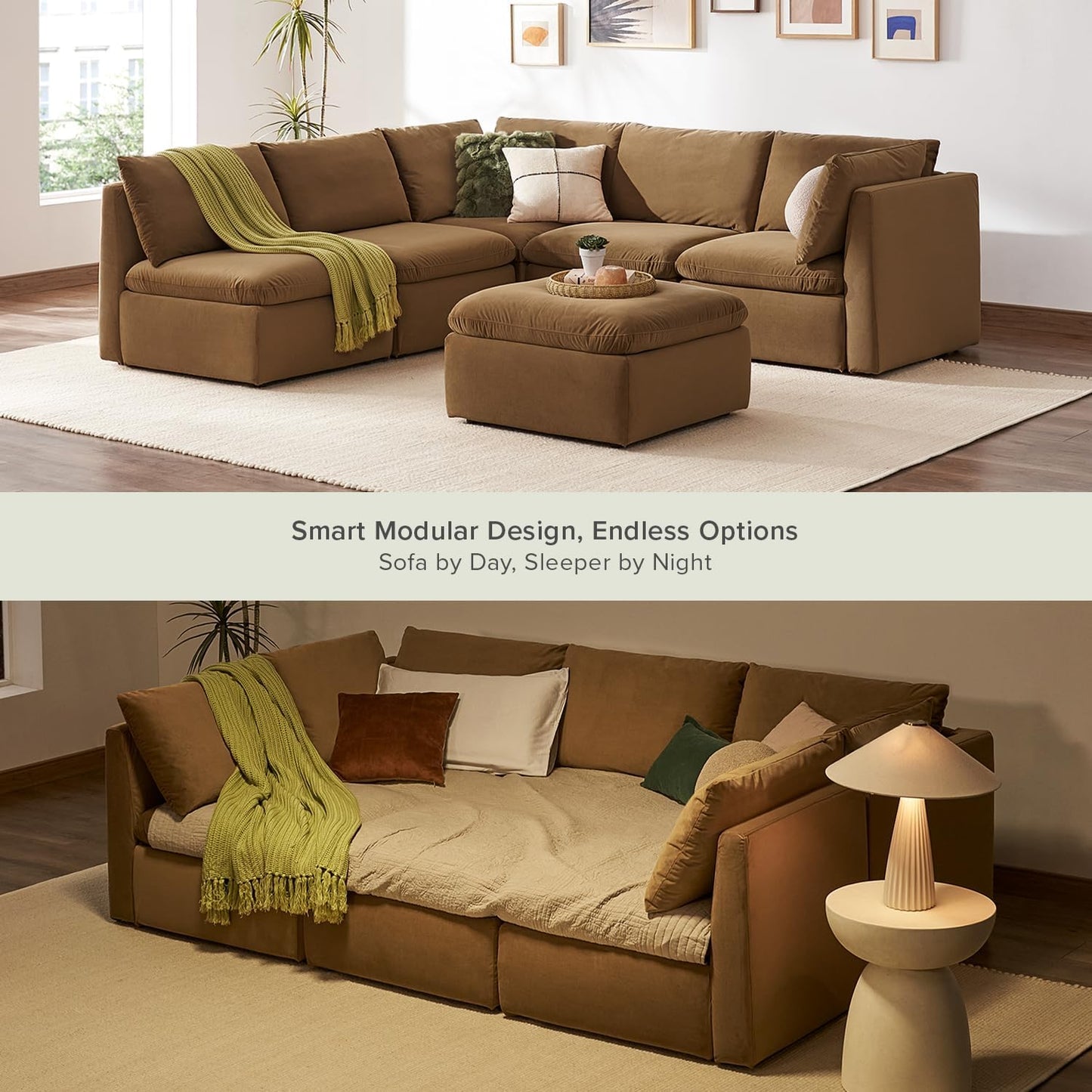 mopio Oversized Modular Sectional Sofa with Fully Removable Covers and Storage, Convertible U, L-Shaped and Sleeper Sectional, Modern Couches with Ottoman Chaise (Hazelnut Velvet, 6 Seats, Sleeper)