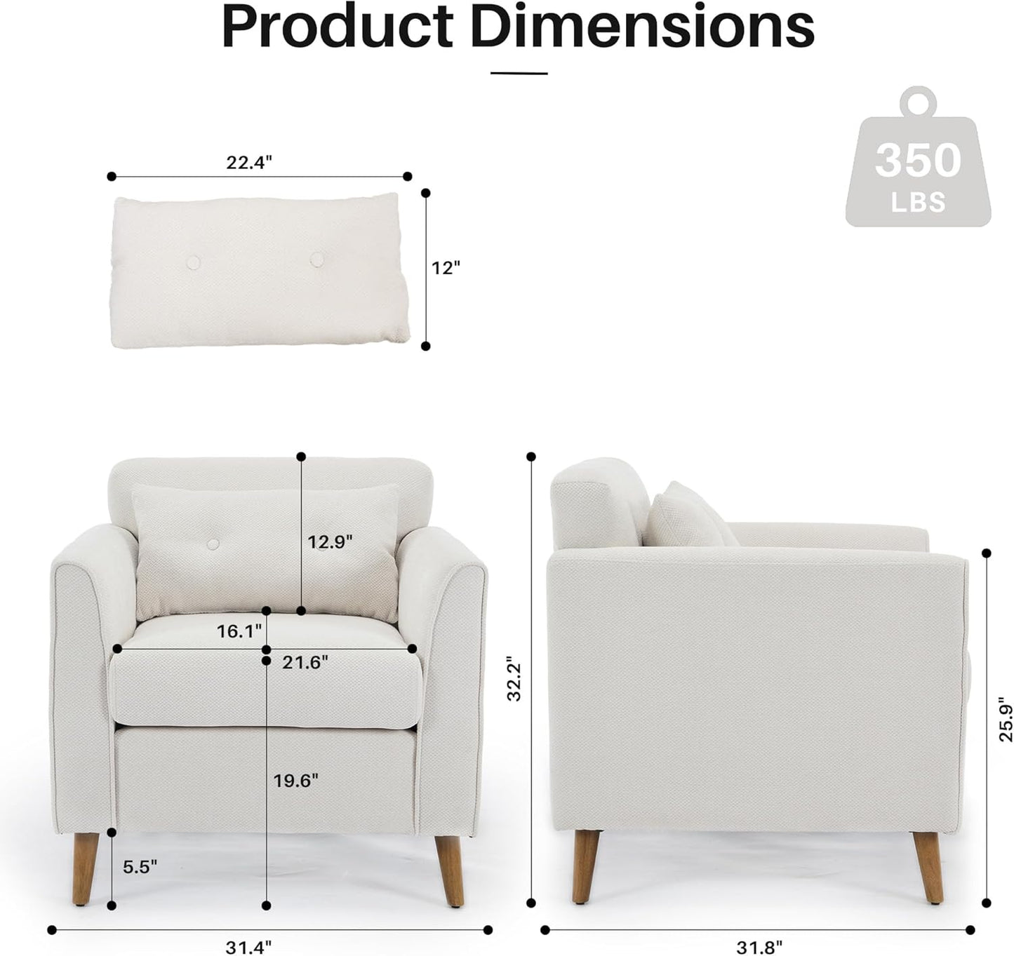 Modern Accent Chair with Wooden Legs Plush Fabric Armchair Chenille Side Single Sofa Chair for Bedroom, Office Cafe Waiting Room Apartment (Beige Armchair)