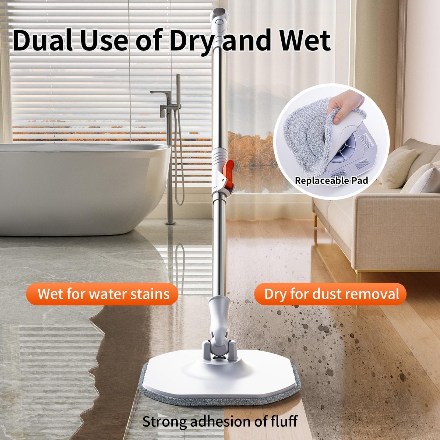 Spin Mop and Bucket Set with Separate Dirty and Clean Water,360° Spin Mop and Bucket System with Widening Foldable Handle,2 Replaceable Mop Pads,Square Mop for Floor Hardwood Tile Marble Wall Cleaning