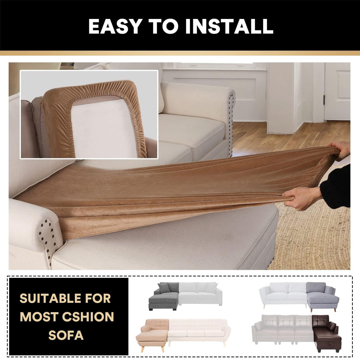 PrinceDeco Sectional Couch Covers Velvet Couch Cover for Dogs Washable L Shaped Couch Cover 1 Piece Individual Sectional Couch Covers with Elastic Bottom(Chaise Lounge,Camel)