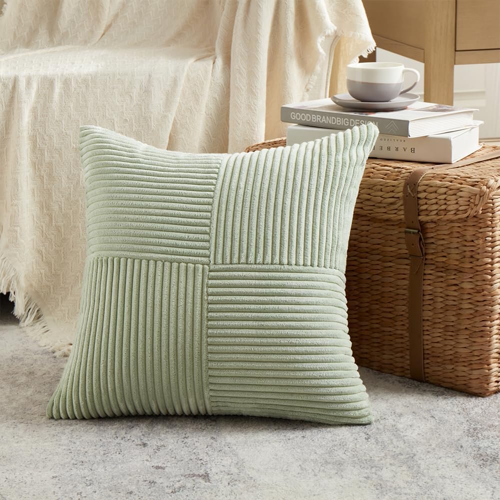 Fancy Homi 2 Packs Sage Green Euro Decorative Throw Pillow Covers 26x26 Inch for Bedroom Couch Bed, Farmhouse Boho Home Decor, Soft Corss Corduroy Patchwork Textured Square Cushion Case 66x66 cm