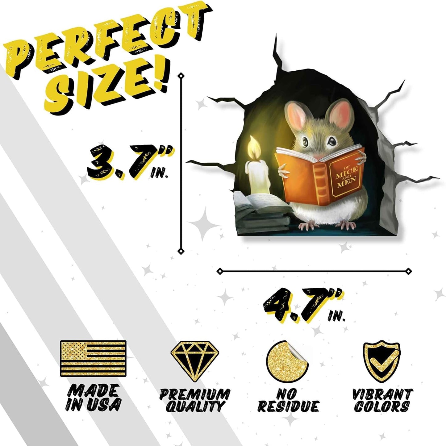 3D Mouse Reading Book in Mouse Hole, Decal Sticker, Removable Wall Decor, Book Lover Gift Idea, Baseboard, Wall Sticker Decal, Kids Room, Classroom, Library