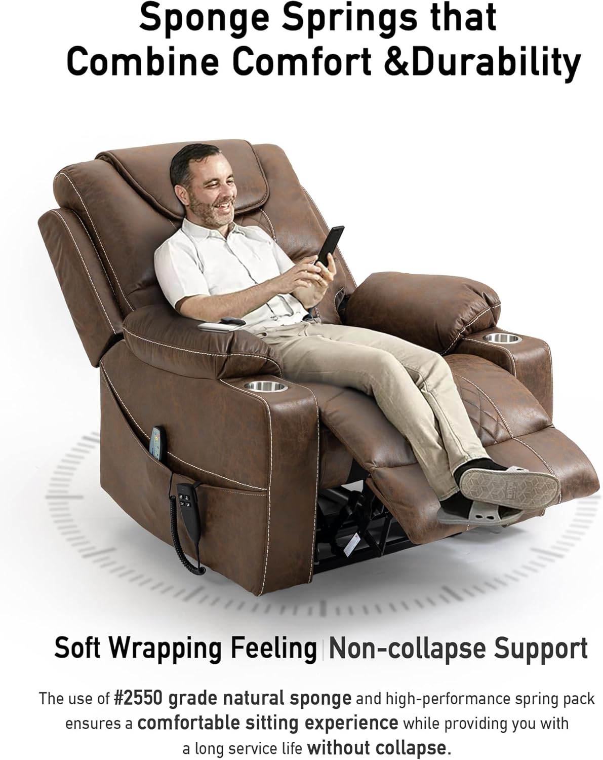 Large Power Lift Chairs Recliners for Elderly with Heated and Massage, Upgraded Dual Motor Lay Flat Recliners, 25in Extra Wide Seat, Cup Holder, Side Pocket…, Brown/Breathing Leather