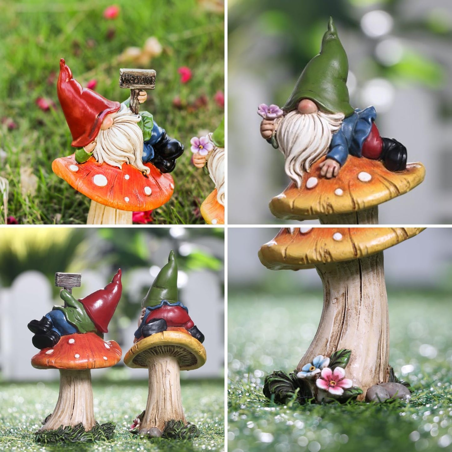 TERESA'S COLLECTIONS Garden Gnomes on Mushroom, Set of 2 Cute Resin Gnome Statues for Yard, Outdoor Patio Porch Lawn, Ideal Gift for Dad Mom Birthday, Outside Decor Housewarming Gifts