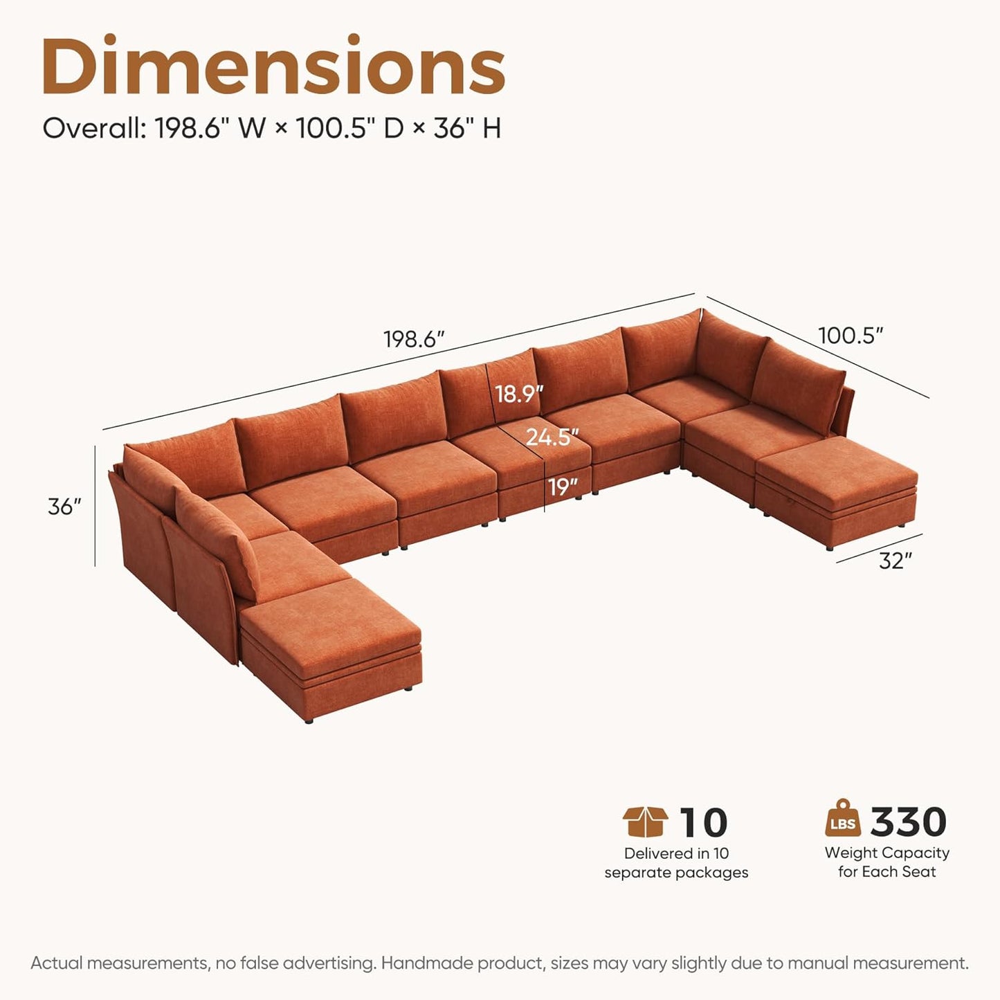 198.6" Oversized Modular Sectional Sofa, U Shaped Convertible Couch with Movable Ottoman, Large 10 Seats Corner Couches for Living Room Deep Seat Terracotta Chenille