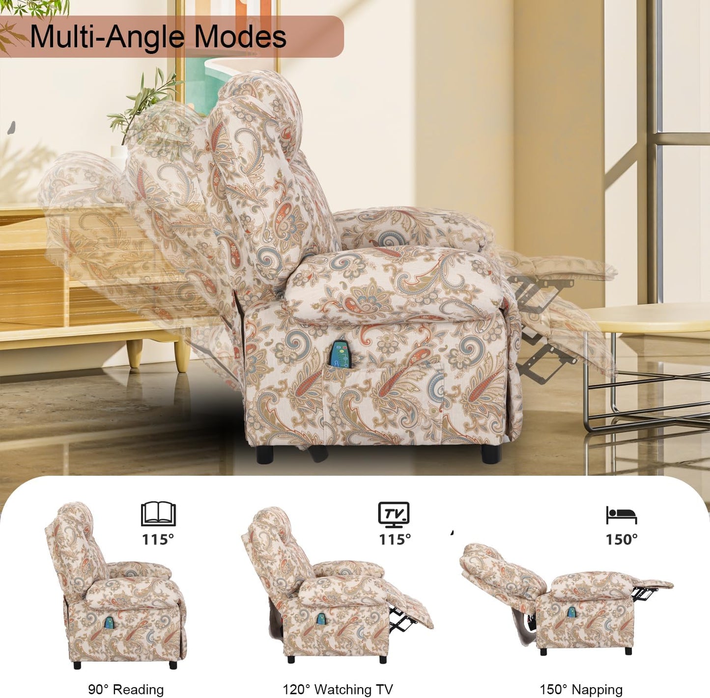 KCREAM Manual Massage Chair Recliner for Adult, Fabric Small Recliner Chairs with Side Pockets and Vibration,Single Sofa Home Theater Seating,Floral