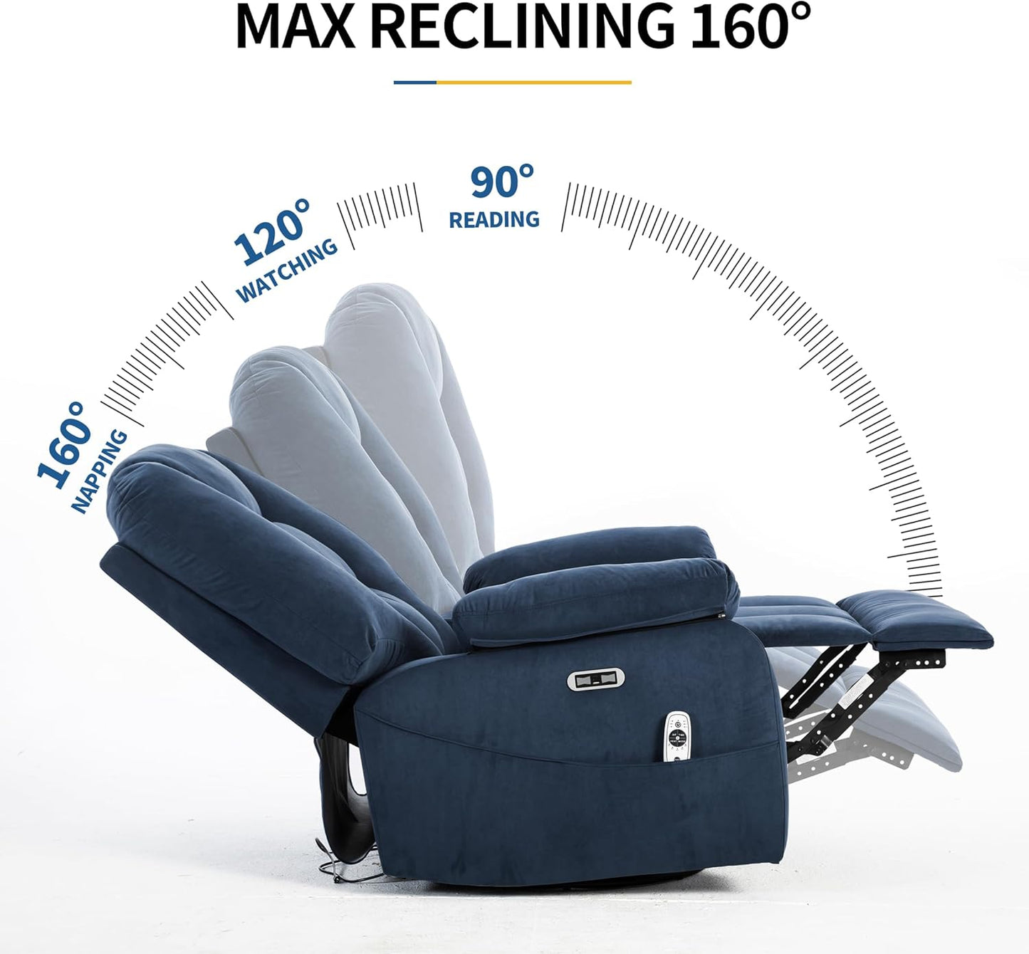 Power Swivel Rocker Recliner Chair for Adults,Rocking Recliners Chairs with Massage and Heat for Living Room, Electric Fabric Reclining Sofa Chair with USB and Type-C Port (Fabirc Blue)