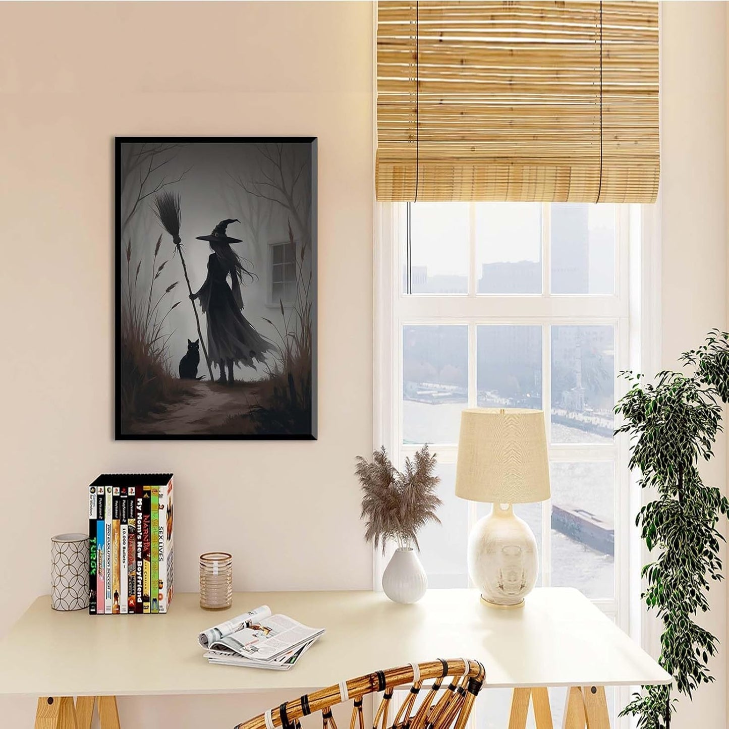 JFHCQJPK Vintage forest witch and black cat poster Halloween mural poster decoration mural art magic suitable for home living room bedroom20x30in Metal blackFramed