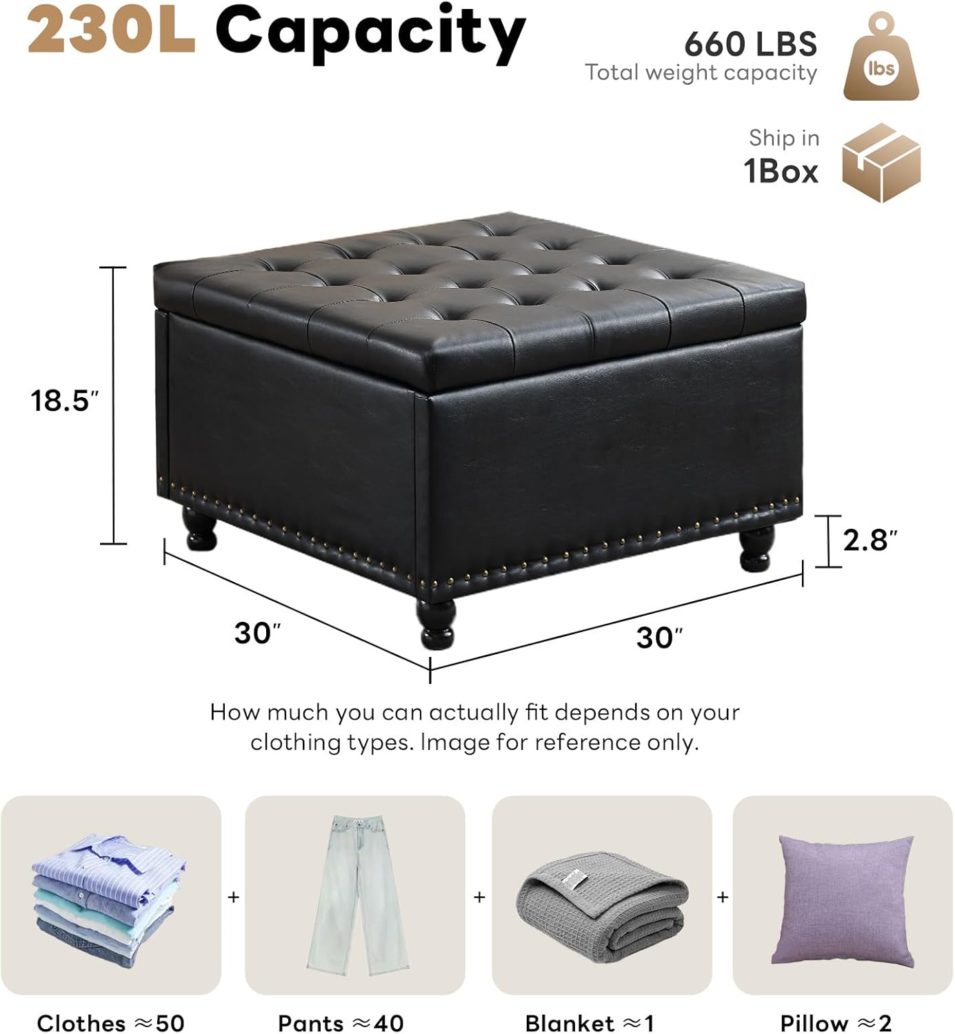 Tbfit Large Square Storage Ottoman Bench, Button Tufted Coffee Table, Oversized Storage Ottomans Toy Box Footrest for Living Room, Black