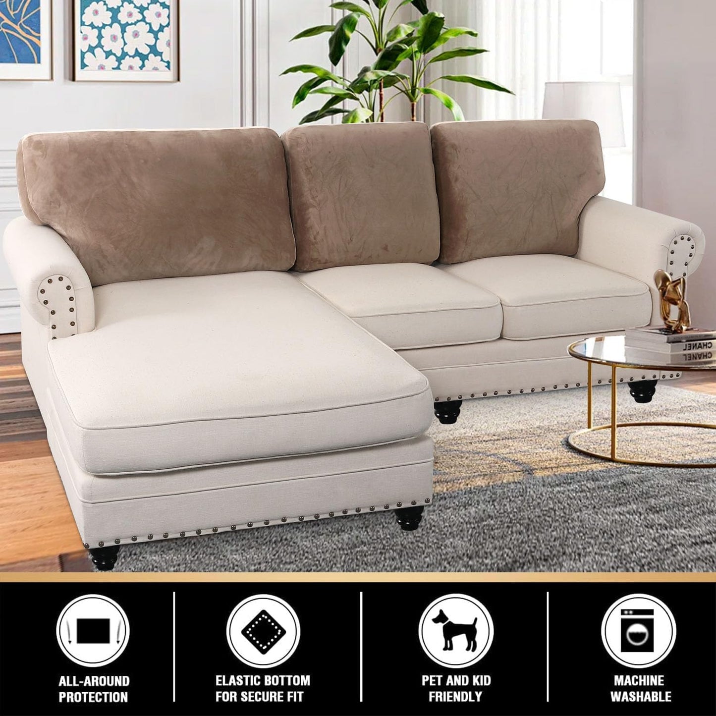 PrinceDeco Sectional Couch Covers Velvet Cushion Covers for Sectional Couch Cushion Covers for Sectional Sofa Separate Sectional Sofa Slipcovers Washable(1 Chaise Back+ 2 Sofa Back,Taupe)
