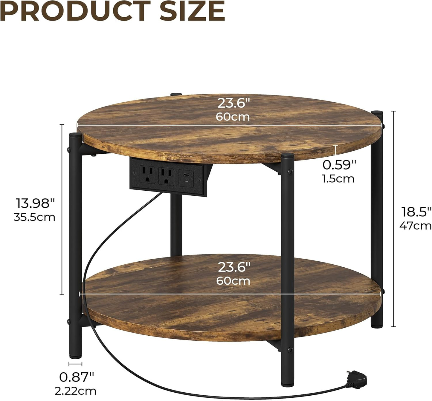 LIKIMIO Side Table, 23.6" W Round End Table with Charging Station, Modern Wooden Nightstand for Small Spaces, Living Room, Bedroom, Rustic Brown