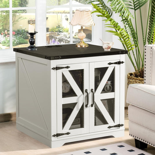 Farmhouse End Table, 24" Large Sofa Side Table with Charging Station, Mesh Barn Door, White Nightstand with Adjustable Storage Shelf, Square Nightstand for Living Room, Bedroom, Office