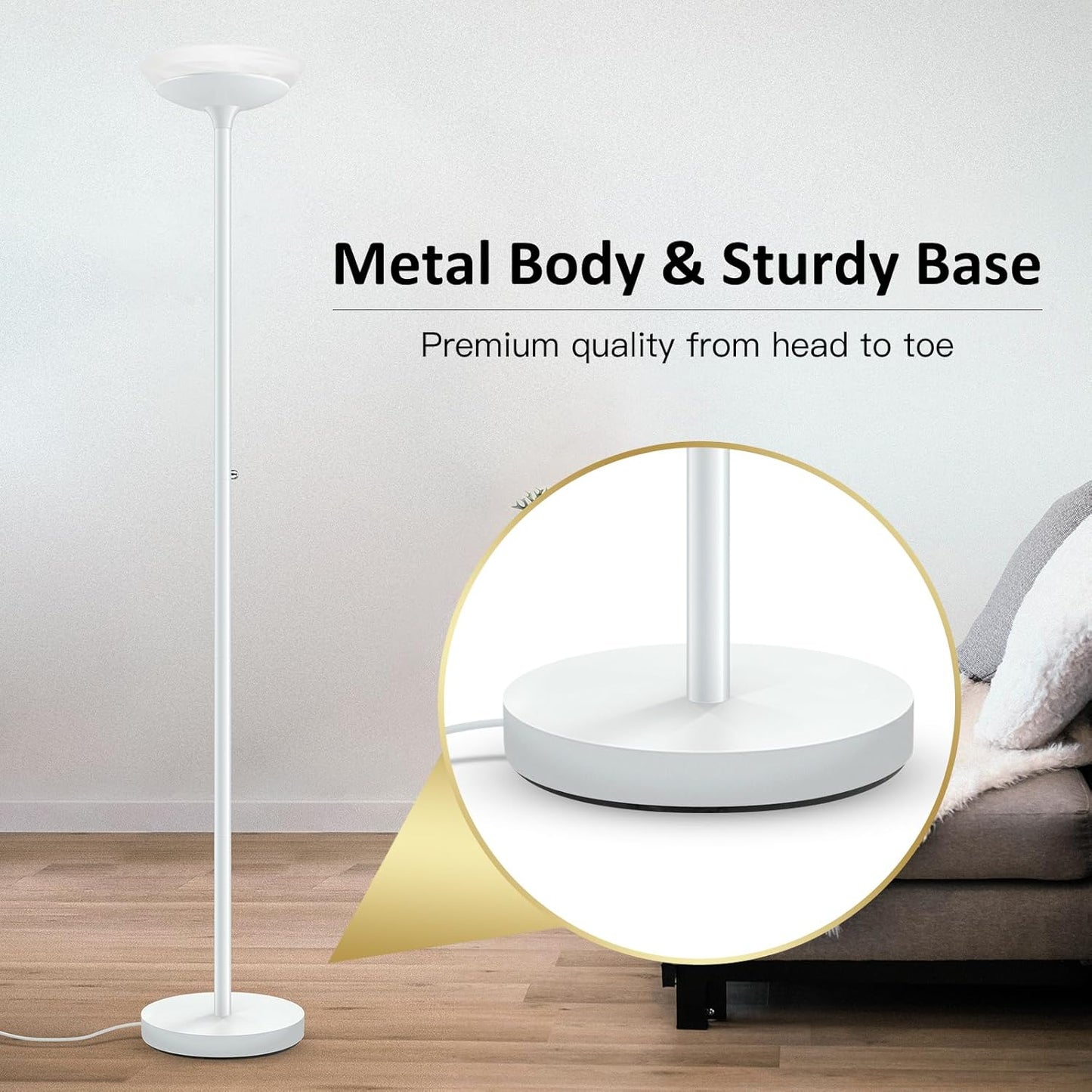 BoostArea Torchiere Floor Lamp, 24W Super Bright LED Standing Lamp, Stepless Dimmable Pole Lamp with 3000K Lighting, Glass Lampshade, 71Inch Tall Metal Modern Floor lamps for Living Room/Bedroom White