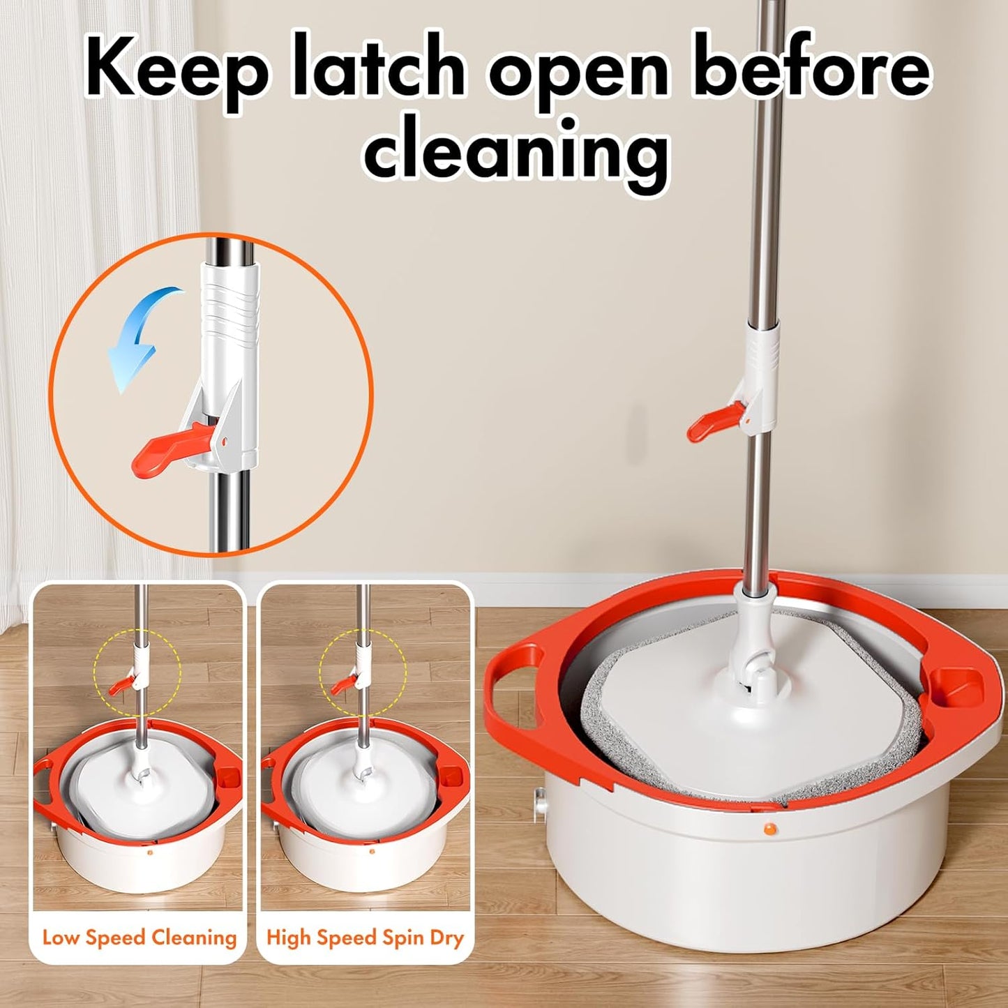 Spin Mop and Bucket Set with Separate Dirty and Clean Water,360° Spin Mop and Bucket System with Widening Foldable Handle,2 Replaceable Mop Pads,Square Mop for Floor Hardwood Tile Marble Wall Cleaning