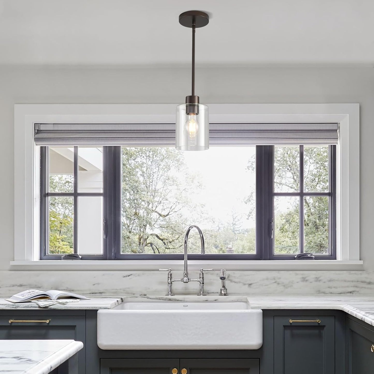 Oil Rubbed Bronze Pendant Lights Kitchen Island - Clear Glass Pendant Light Fixture Multiple Stems Rods 3 Units 12 Inch 3 Units 4 Inch (1 Pack Oil Rubbed Bronze Downrod)