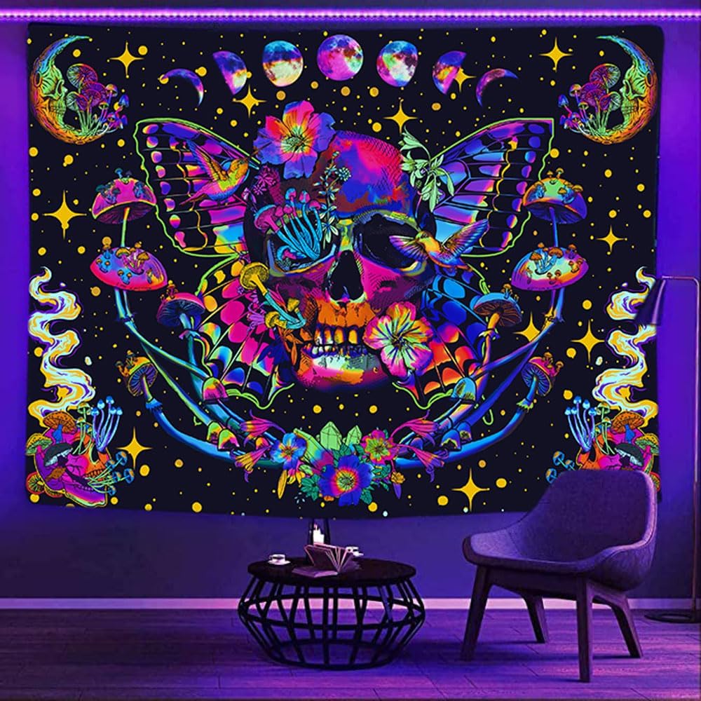 Xiaoput Blacklight Skull Tapestry, UV Reactive Mushroom Butterfly, Aesthetic Moth Moon Flowers, Hippie Skeleton Wall Hanging for Bedroom, Living Room, Home, Dorm 40x30IN