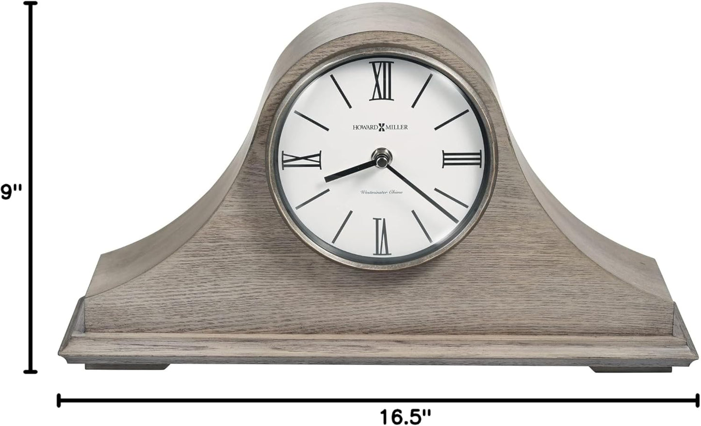Howard Miller Lakeside Mantel Clock, Triangular Burl Overlays Gray Finish Sturdy Wooden Material, Vintage Analog Dial Roman Numerals with Black Bar Style Idle Timepiece for Office & Home Decor
