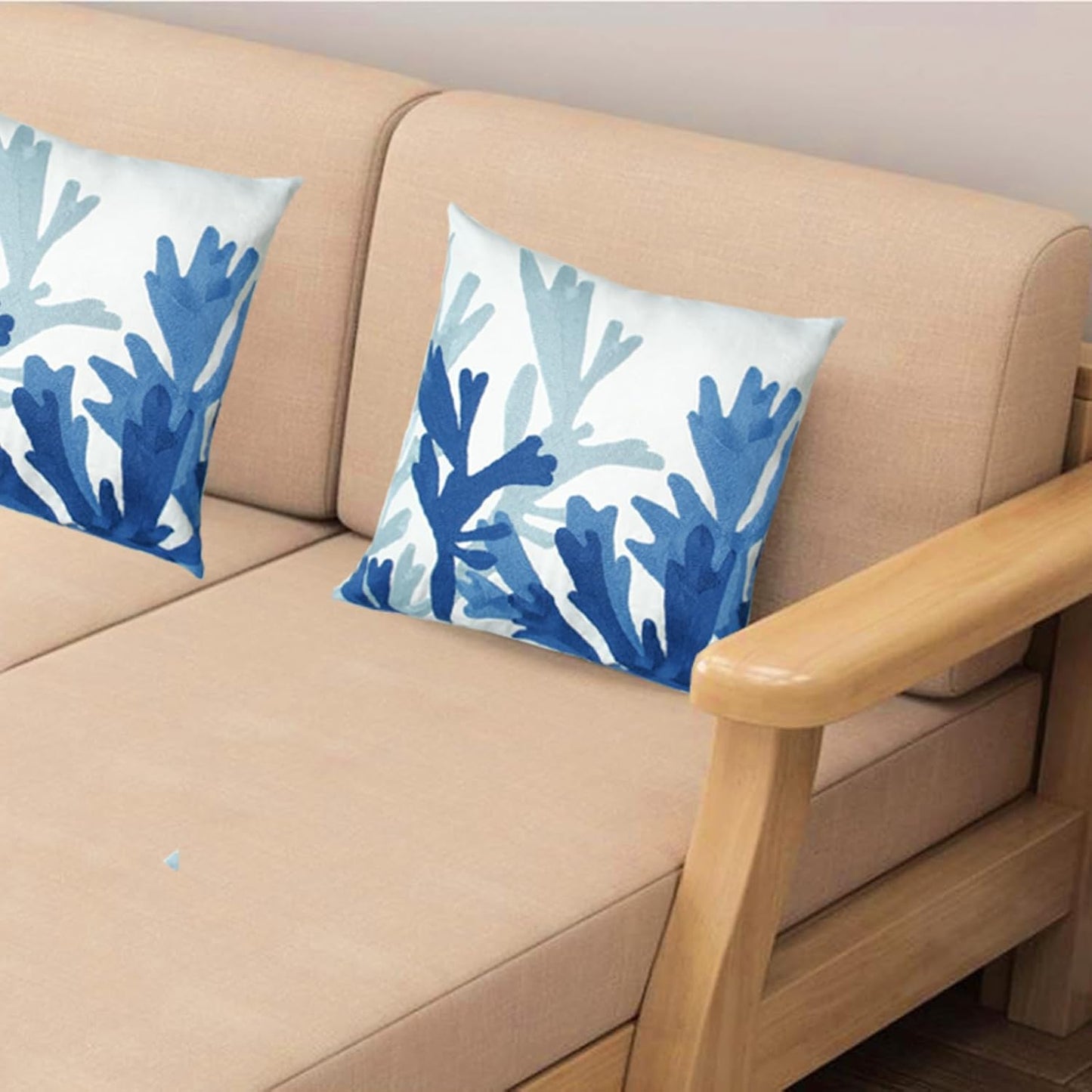 Embroidered Decorative Throw Pillow Cover, 18"x18" Set of 2, Farmhouse Pillowcase Blue Corals Knit Pattern Cotton Canvas Cushion Case Square Floral Pillow Case for Sofa Couch Bed Living Room