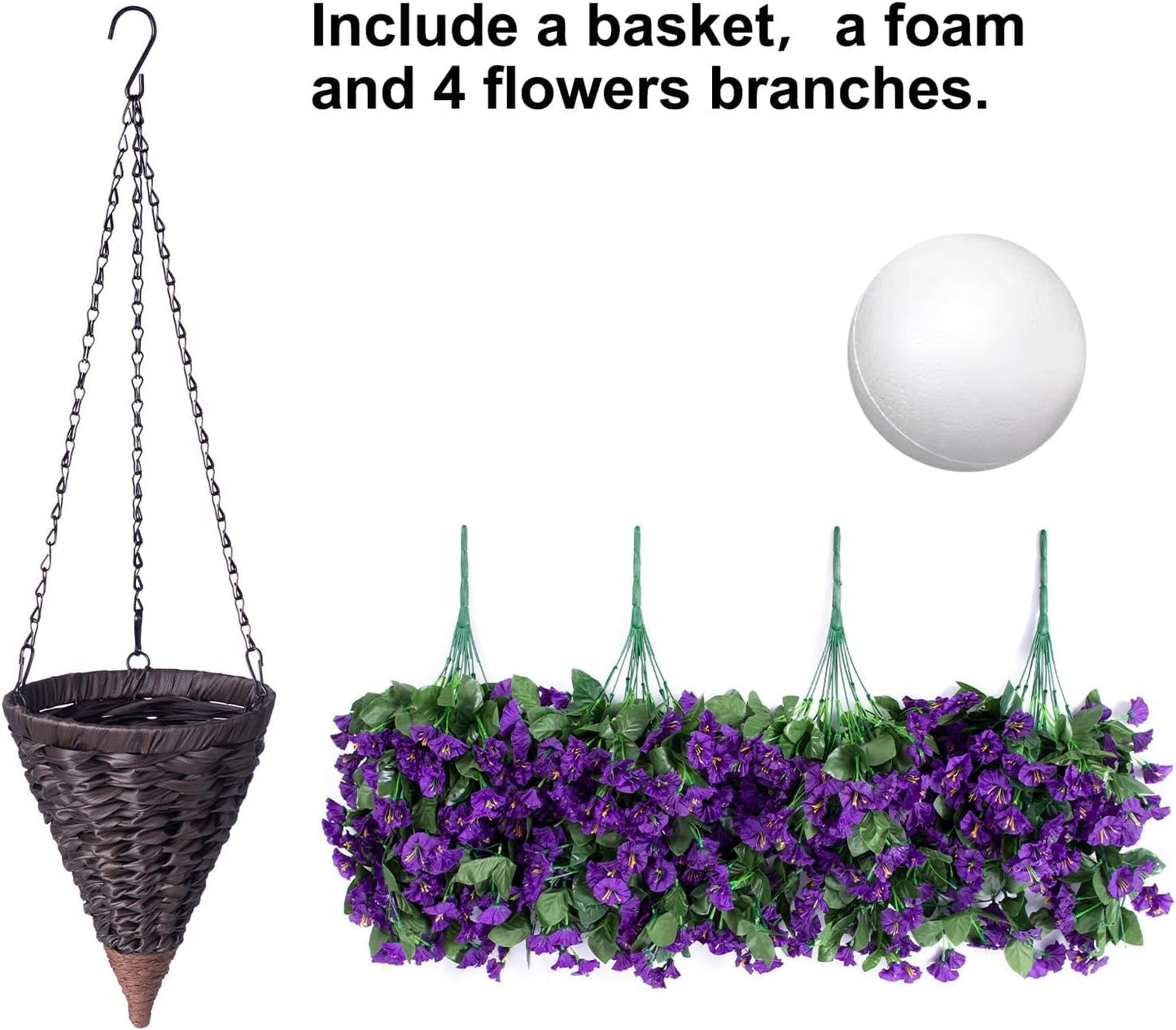 Artificial Faux Hanging Flowers Plants Basket for Outdoor Outside Porch Decoration, UV Resistant Fake Silk Purple Morning Glory Trailing Vines Realistic for Summer Home Balcony Yard Patio