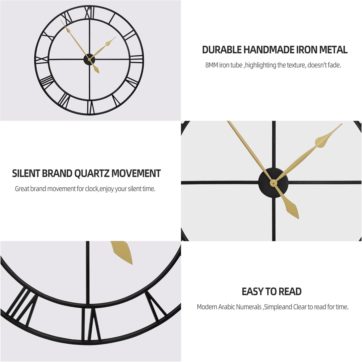 LEIKE 40 Inch Extra Large Modern Wall Clock, Oversize Rustic Round Nearly Silent Battery Operated, Black Metal Roman Numerals Wall Clocks for Living Room, Bedroom, Entrance Home Decor