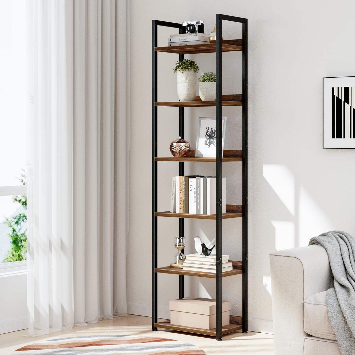 NUMENN Narrow Bookshelf, 6 Tier Bookshelves, Home Office Bookcase Shelf Storage Organizer, Free Standing Storage Shelving Unit for Bedroom, Living Room and Home Office, Vintage