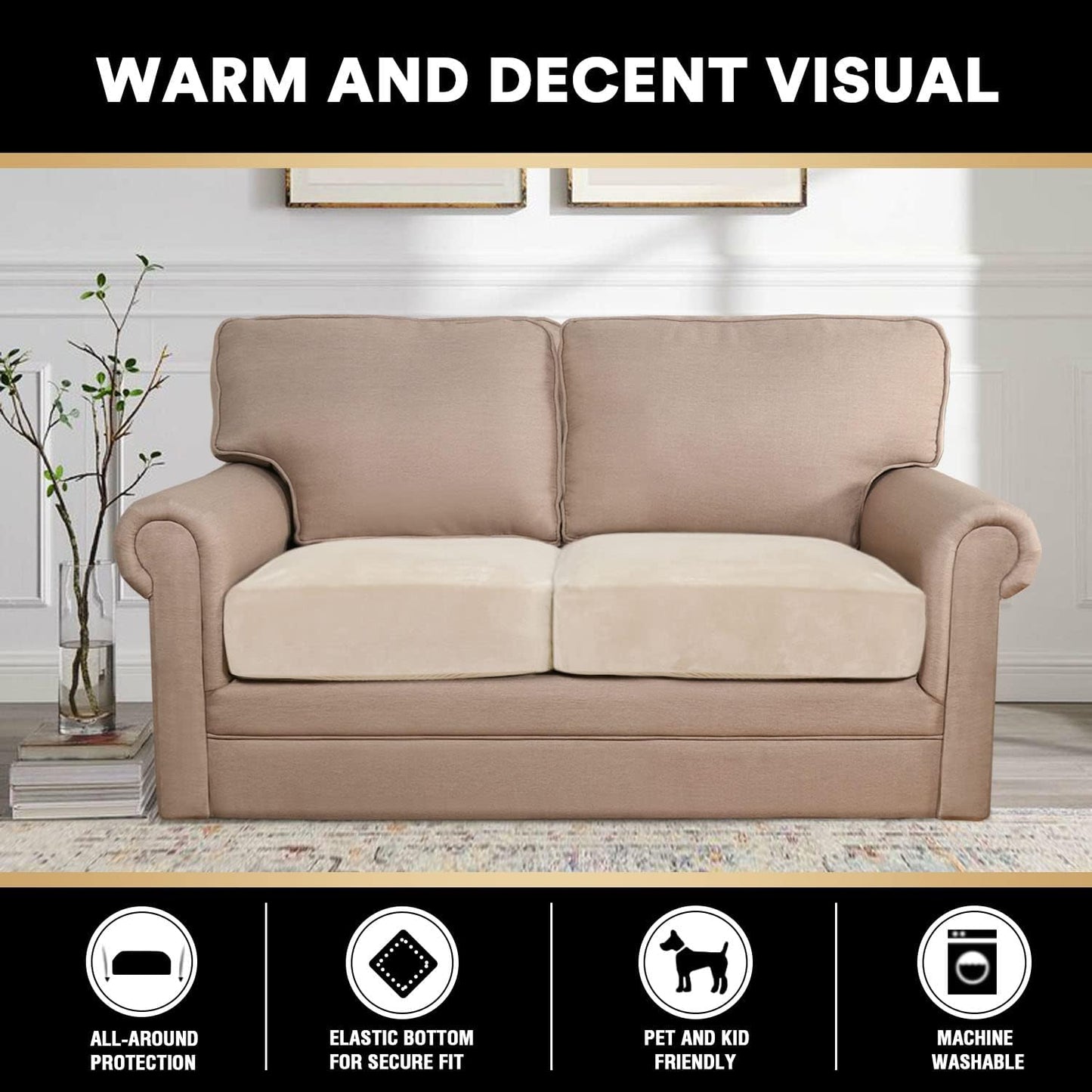 PrinceDeco Velvet Couch Cushion Cover Stretch Sofa Seat Covers Washable Cushion Slipcover for Chair Love Seat Sofa Cushion Furniture Protector Seat Cushion Sofa Cover (Each Width Up to 29.5", Ivory)