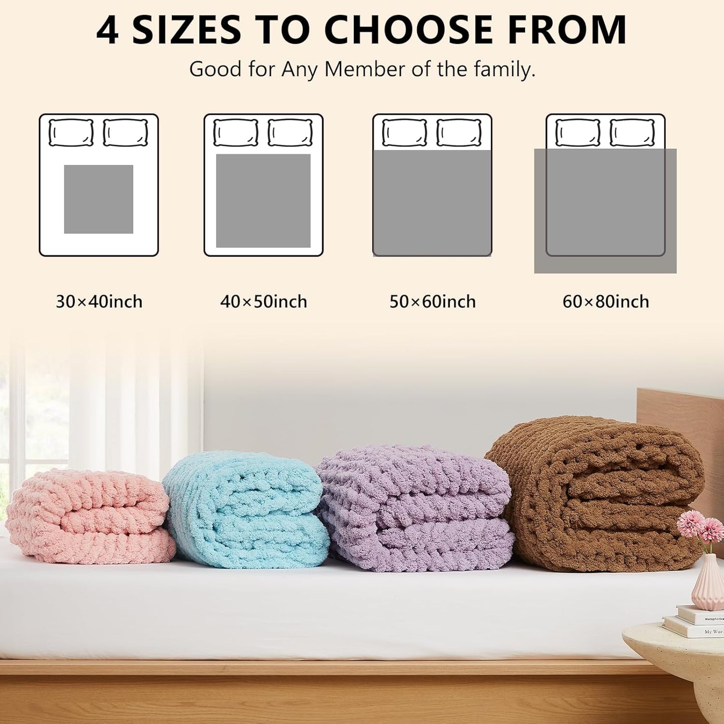 L'AGRATY Chunky Knit Blanket Throw - Soft Chenille Yarn Throw Blanket 40x50: Handmade Thick Knit Crochet Blanket - Large Chunky Rope Pink Throw Blanket for Couch Sofa Bed Home Decor