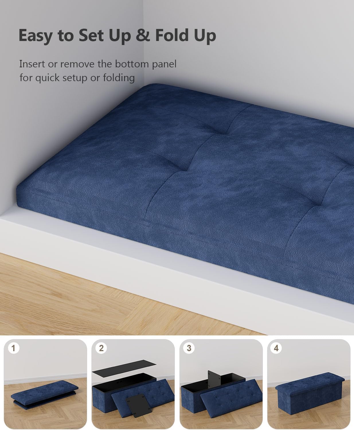 Storage Ottoman Bench, Folding Ottoman Foot Rest, End of Bed Bench,Storage Chest, for Living Room, Bedroom, Hallway, Entryway, Holds up to 700 lb (Navy BLUE1, 43")