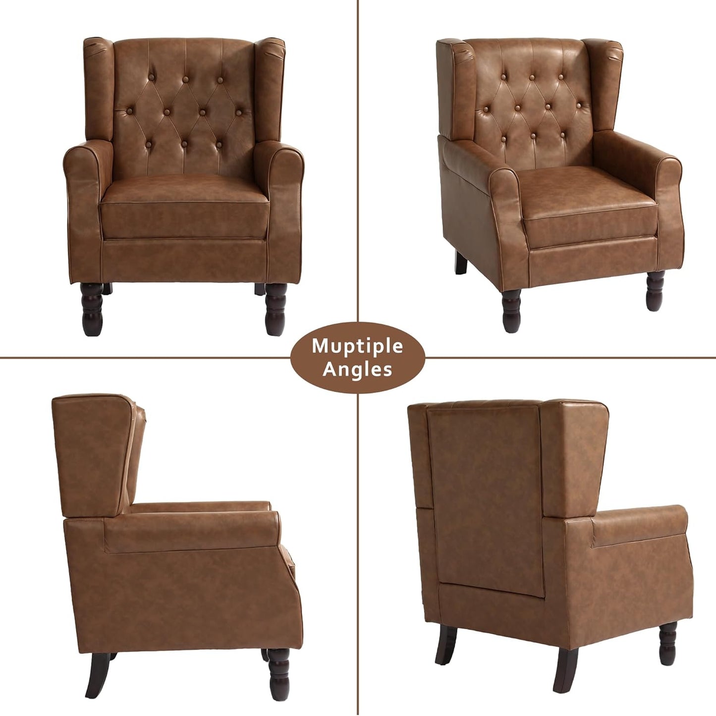 High Back Accent Chair,Upholstered Faux Leather Wingback Armchair with Solid Wood Legs for Small Spaces,Comfy Single Sofa Chair for Living Room,Bedroom,Office-Brown