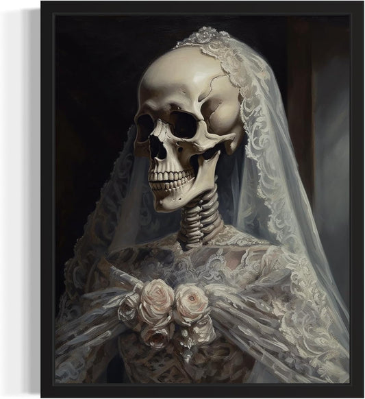 Skull Gown Poster Art Print, Halloween Scary Vintage Wall Art Academia Spooky Painting Decoration for Horror Prints, Gothic Posters Bedroom Decor 89 (Skull Gown, 11 x 14 inches, Black Frame)