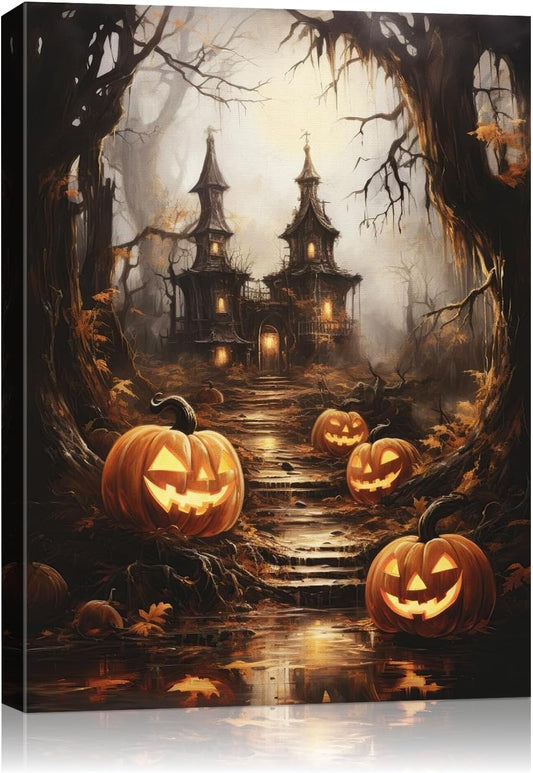 AbcCustomize Halloween Canvas Wall Art - Spooky Haunted House & Eerie Pumpkins Poster, Gothic Fall Decorations for Home, Vintage Halloween Decor Indoor for Living Room, Bedroom & Party