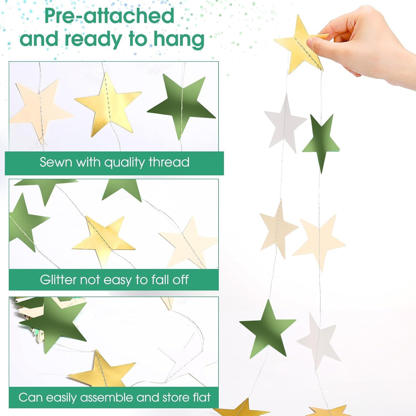 Patelai Glitter Star Garland Banner Decor 130 Feet Star Hanging Bunting Banner Twinkle Backdrop for Homecoming Classroom Wedding Birthday Halloween Christmas Party Supplies(Sage Green, Gold, White)