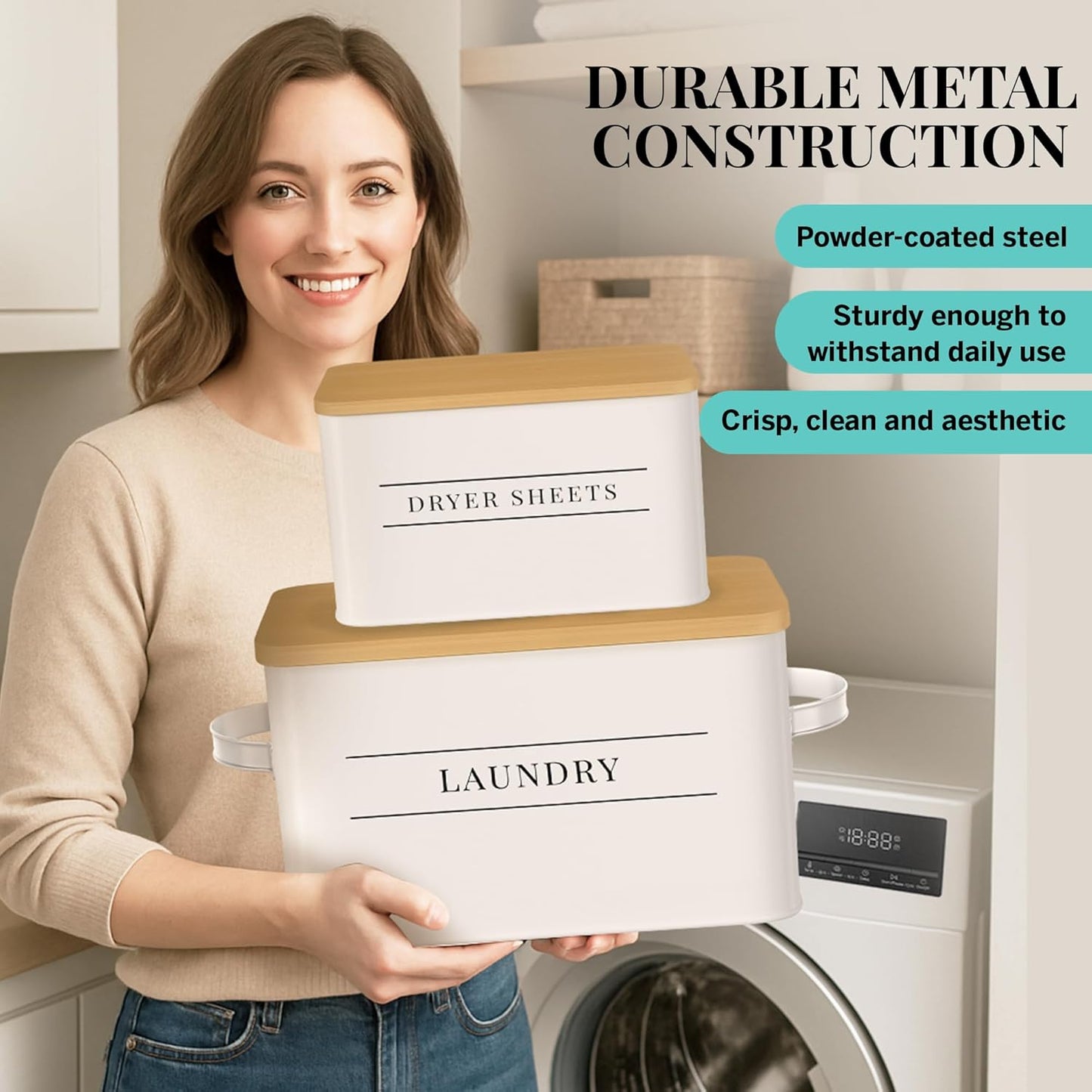 Metal Dryer Sheet Holder with Lid – Set of 2 Storage Bins for Laundry Room Organization & Home Decor – Classic White Metal Organizers and Containers with Lids - Sheet Organizers and Storage