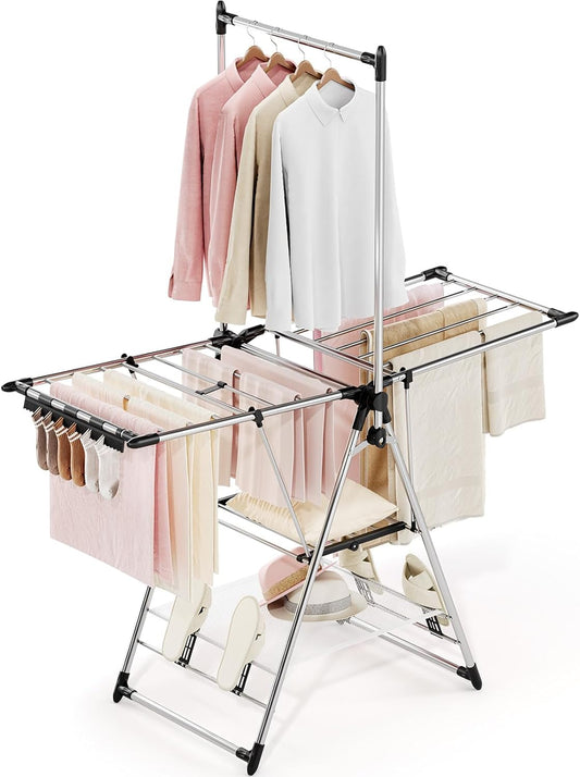 APEXCHASER Clothes Drying Rack with High Hanger, Foldable 3-Level Drying Racks with Shoe Rack, Crossbar and Vertical Rod Laundry Stand with Adjustable Wings Silver