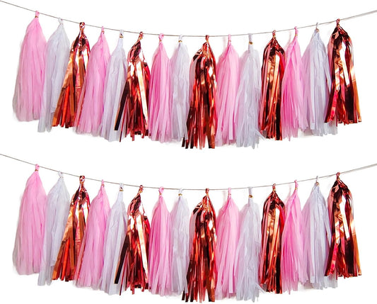 Shiny Tassel Garland Tissue Paper Tassel Banner,Tassels Party Decorations for Gender Reveal,Wedding,Birthday,Bridal/Baby Shower,Pack of 15 (Rose Gold/Pink/White)