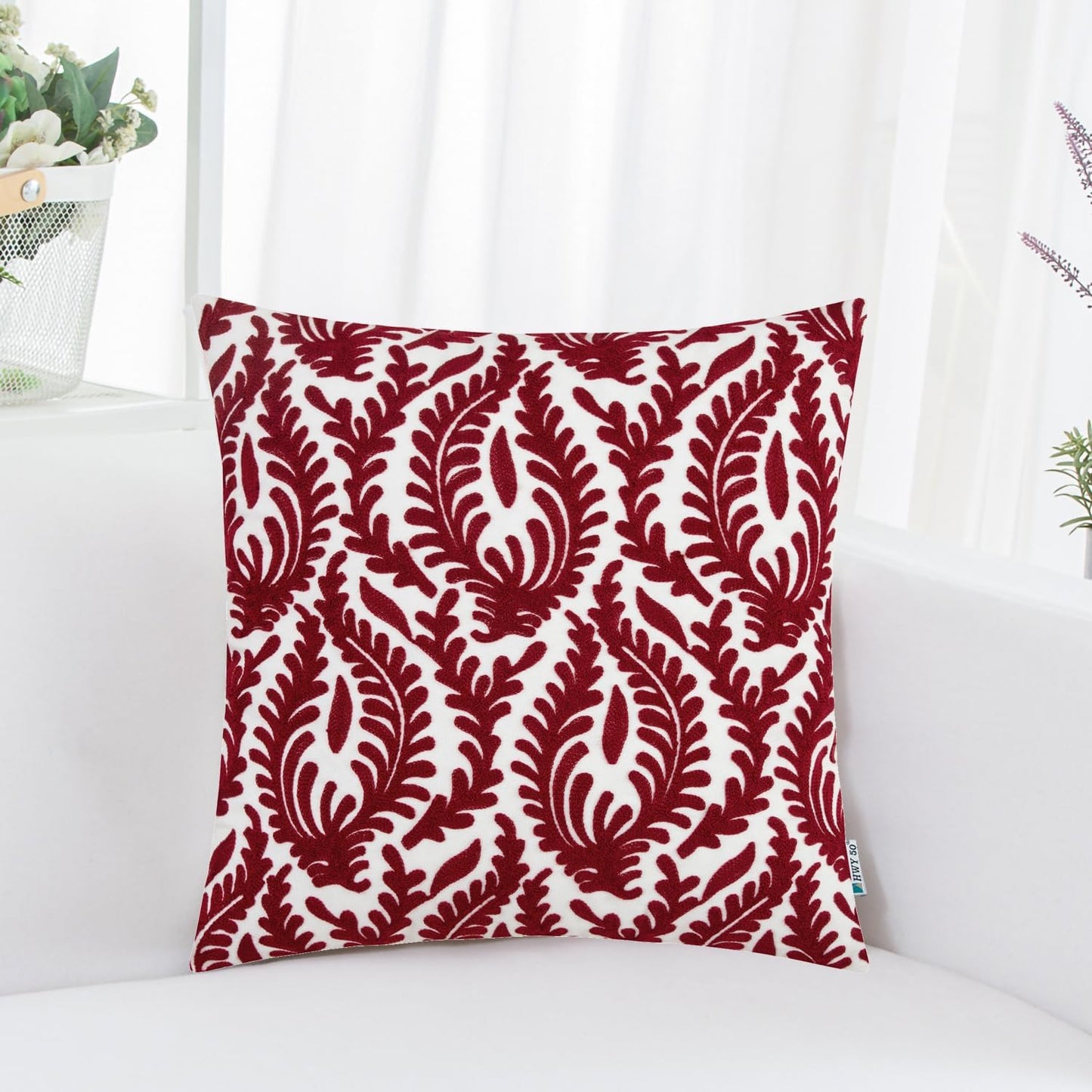 HWY 50 Burgundy Red Decorative Throw Pillow Covers 18x18 Inch (1 Piece), Embroidered Cotton Farmhouse Cushion Cover Pillow Case for Sofa Couch Living Room Bed Bedroon, Floral Branches