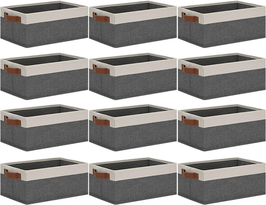 GhvyenntteS Small Fabric Storage Bins 12 Pack, Storage Basket with Leather Handles, Closet Storage Bins for Shelves, Storage Baskets for Shelves, Home, Office (Grey/White, 11.8" x 7.87" x 5.11")