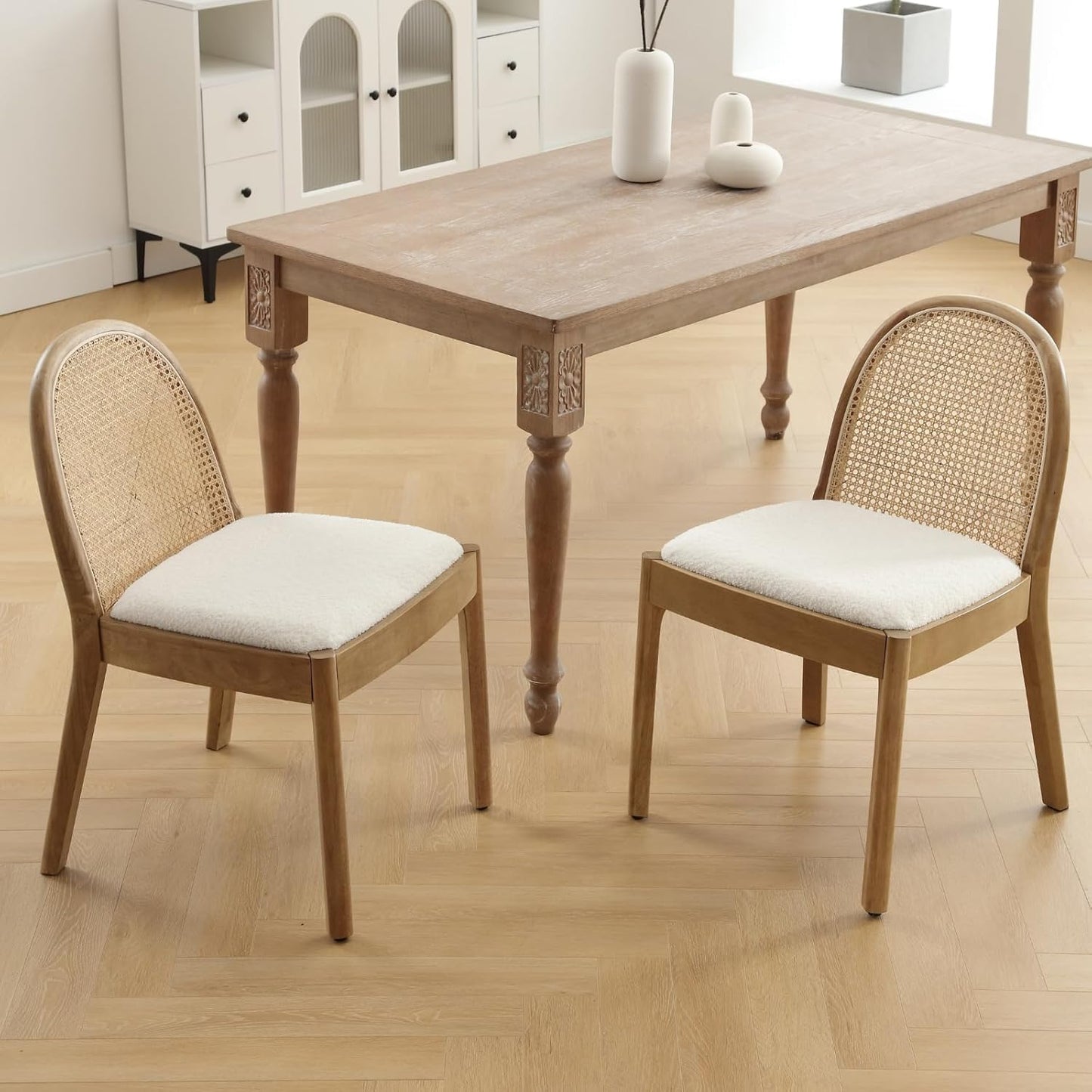 Mid Century Dining Chairs Set of 2, Accent Rattan Side Chairs Sherpa Fabric Kitchen Chair with Solid Wooden Legs for Living Room Dining Room, White