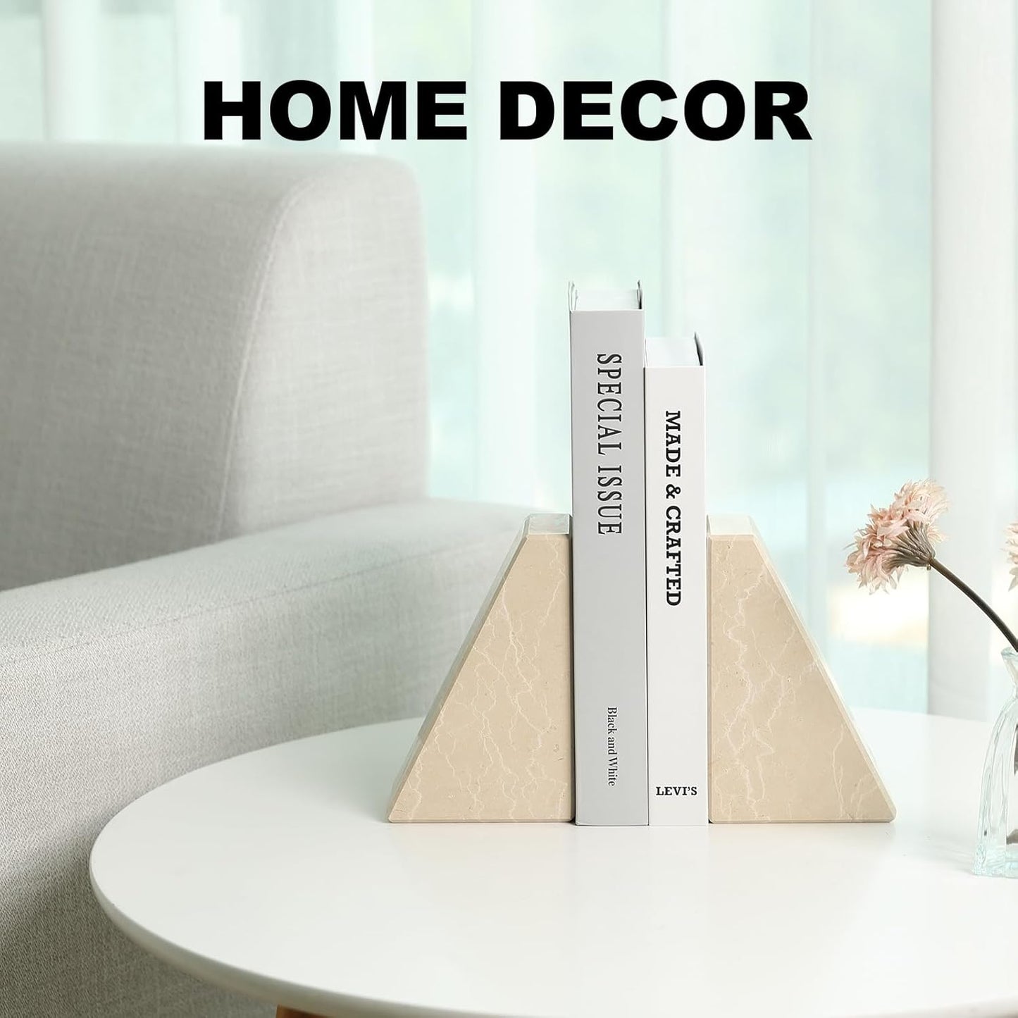 Marble Bookends for Heavy Books, Decorative Book Ends for Shelves, Durable and Heavy-Duty Stone Bookends for Hardback Book & CDS, Unique Book Stopper & Holder, New Jura Beige-Vein, Set of 2