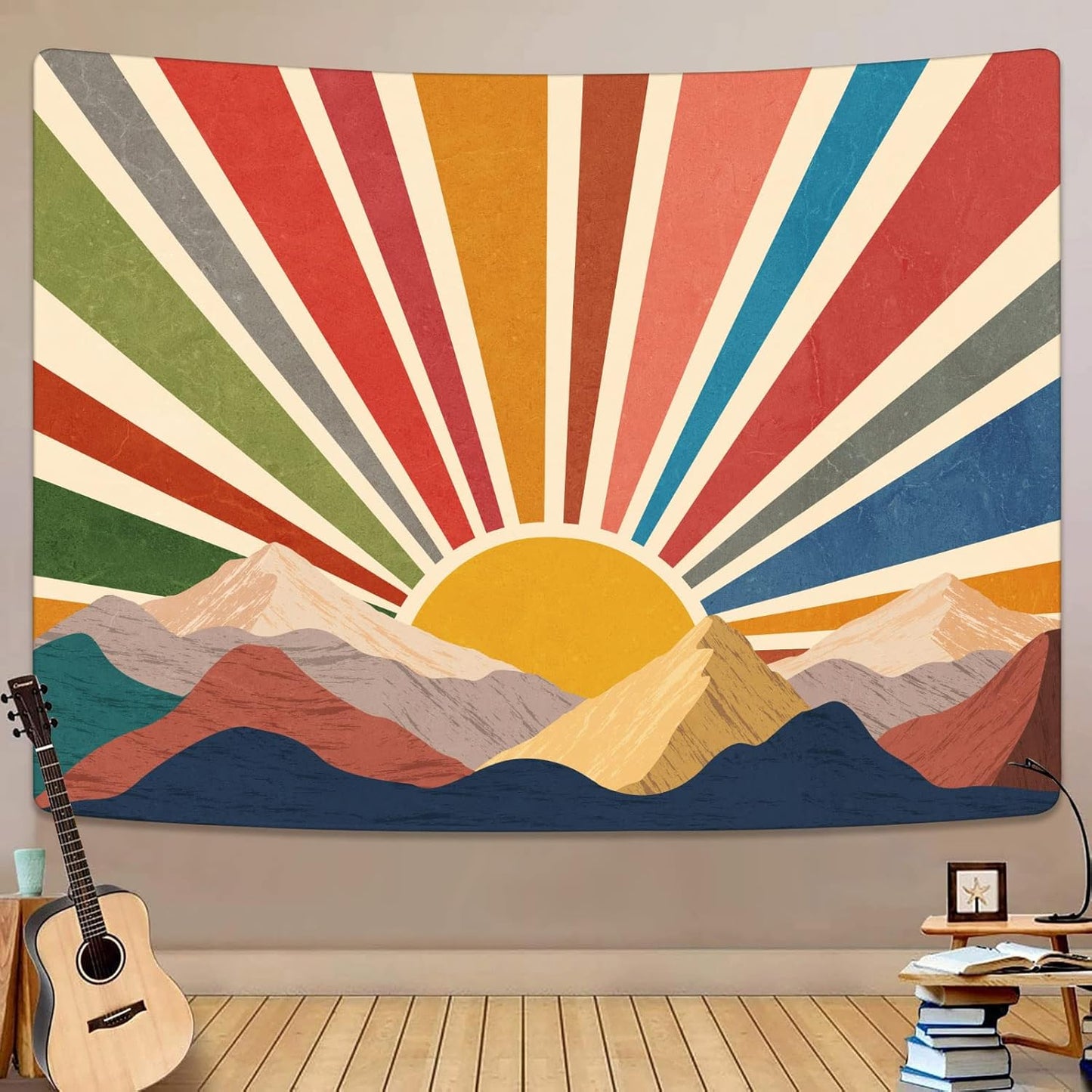 Aipon Sun Tapestry Boho Mountain Abstract Wall Hanging Tapestries Small Sunrise Sunset Western Retro Tapestrys Hippie Aesthetic Vintage Geometric Rainbow Tapastry's Indie Living Room Dorm (Yellow,