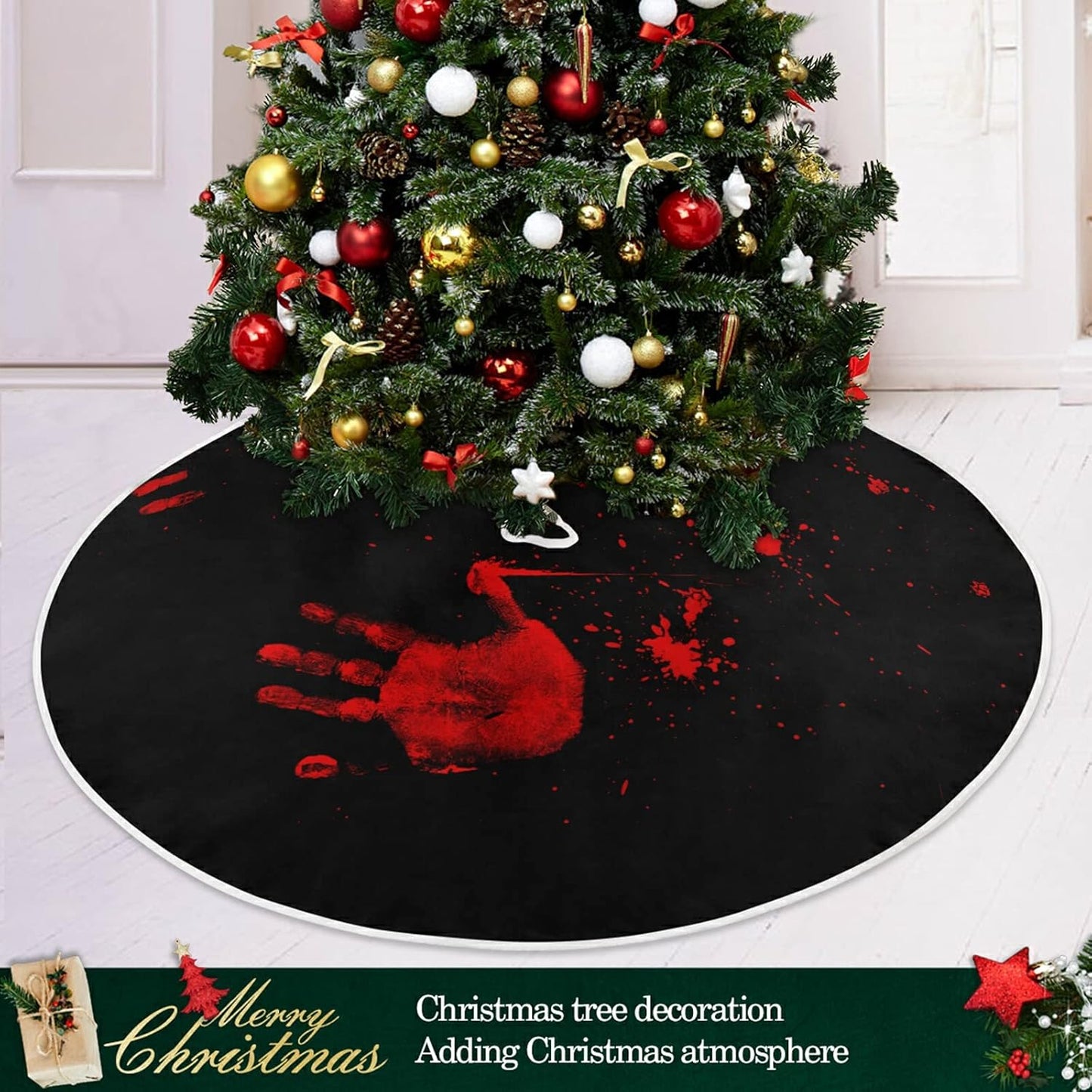 Halloween Bloody Hand Paw Spooky Tree Skirt, Seasonal Tree Mat Holiday Party Supplies Ornaments Indoor Outdoor Decorations for Tabletop Trees 35.4 Inches