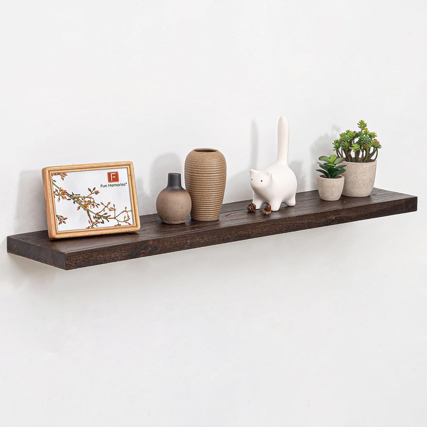 Fun Memories Solid Elm Wood Floating Shelves, 42 Inch Floating Shelves for Wall, Rustic Wooden Shelf Wall Mounted with Invisible Heavy-Duty Bracket for Books, Bathroom, Kitchen, Walnut Finish