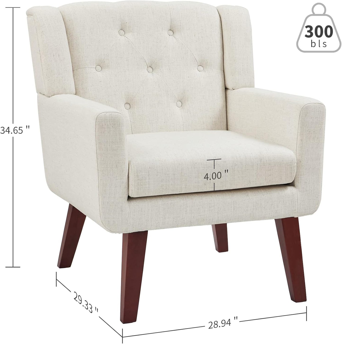 Living&Giving Accent Chair Button-Tufted Upholstered Living Room Chairs Comfy Reading Mid Century Modern with Linen Fabric Lounge Arm for Bedroom (Beige) 29.33D x 28.94W x 34.65H Inch