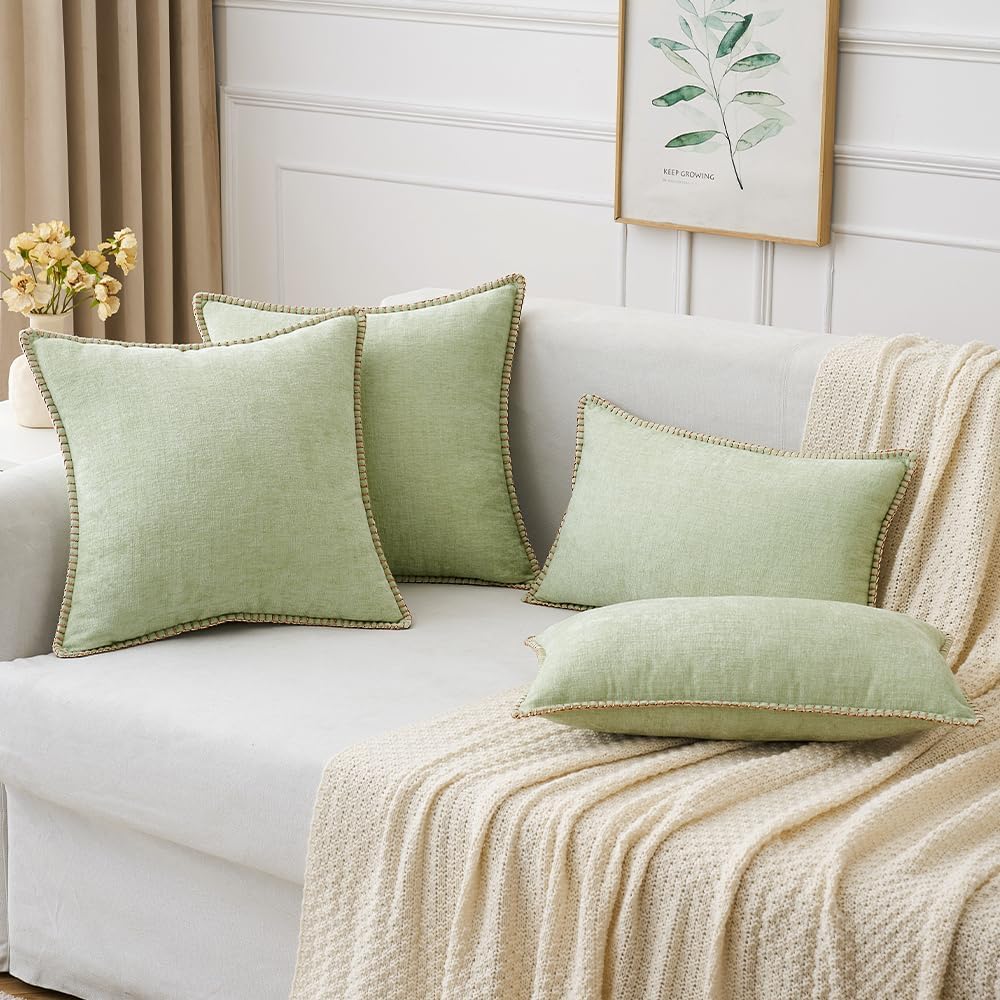 MIULEE Pack of 2 Couch Throw Pillow Covers 12x20 Inch Light Green Farmhouse Decorative Pillow Covers with Stitched Edge Soft Chenille Solid Dyed Spring Pillow Covers for Sofa Bed Living Room