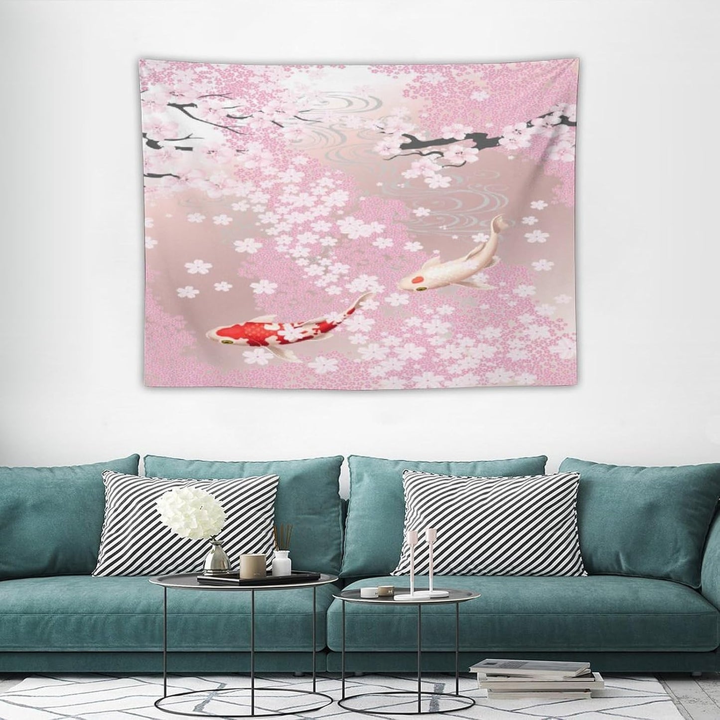 Houselerax Japanese Koi Fish Tapestry, Cherry Blossoms Asian Oriental Pink Flower Branch Koi Fish Carp Tapestries Wall Hanging for Bedroom Living Room Office Decor 40"x30"