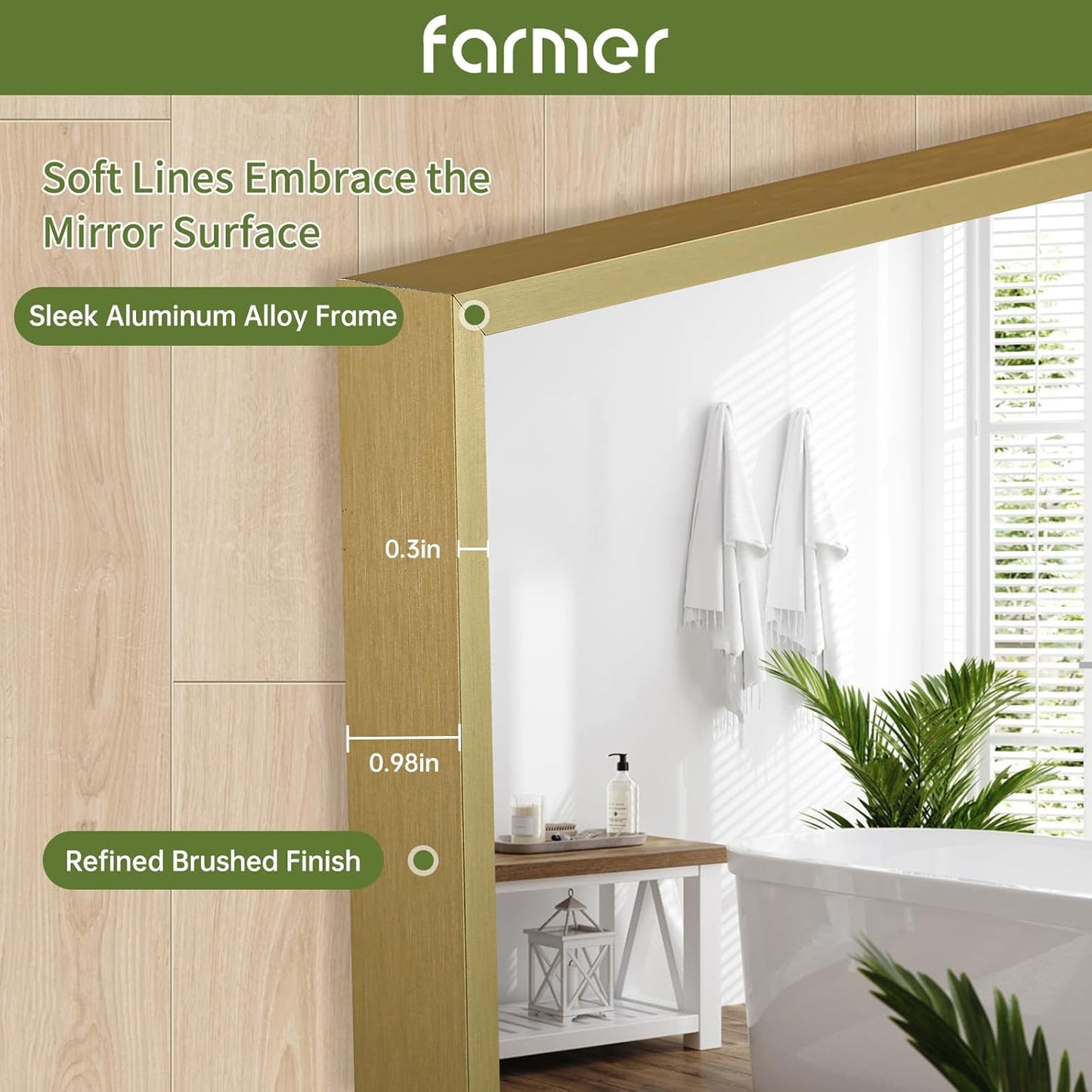 FARMER 16x20 Inch Gold Bathroom Mirror, Rectangle Wall Mounted Mirror, Vanity Mirror, Brushed Square Mirror, Framed Bathroom Mirror for Bedrooms, Entryways, Living Rooms, Horizontal/Vertical