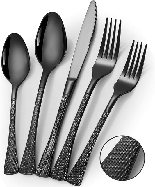 Hammered Black Silverware Set,20 Piece Modern Flatware Set Service for 4,Mirror Polished Stainless Steel Cutlery Set Utensil Set Tableware Set,Kitchen Knives Forks Spoons Set,Dishwasher Safe