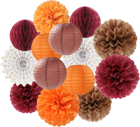 Fall Boho Baby-Shower Party-Decorations Streamers-Lanterns - 14pc Autumn Harvest Brown Orange Burgundy Paper Fan,Rustic Birthday Wedding Bridal Tissue Pom Poms,Honeycomb Balls,Engagement Decor Ouruola